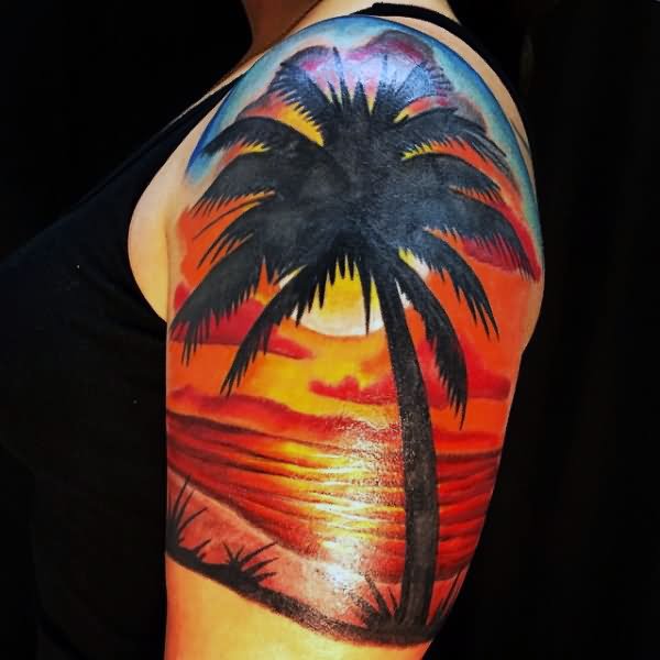 Sunset With Palm Tree Tattoo On Left Shoulder