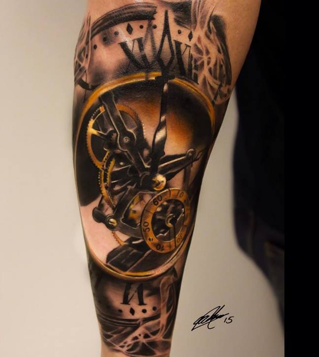 Superb Clock Tattoo On Arm Sleeve by Gary Mossman