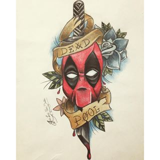 Sword In Deadpool Head With Banner Tattoo Design