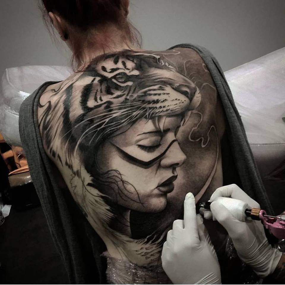 Tiger Girl Tattoo On Back by Matias Noble