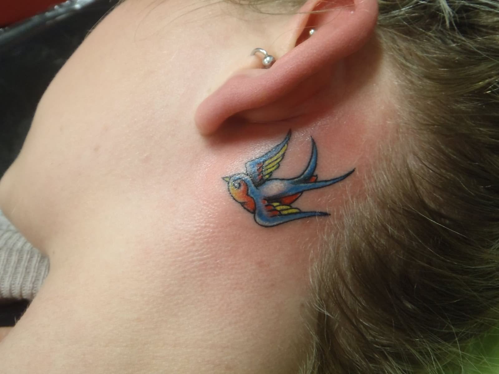 Traditional Bird Tattoo On Left Behind The Ear