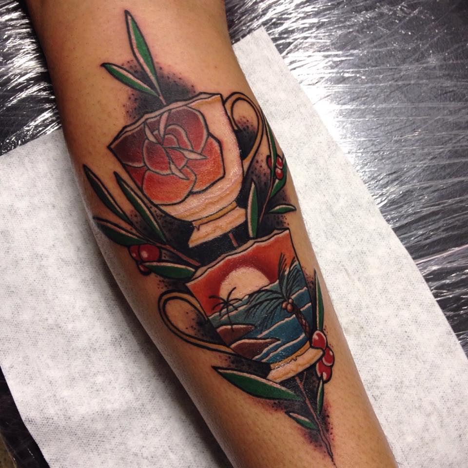 Traditional Cup Of Tea Tattoo On Arm by Daniel Rozo