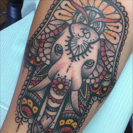Traditional Elephant Hamsa Tattoo Design For Forearm