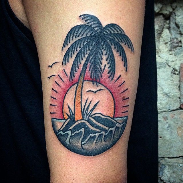 Traditional Palm Tree Tattoo On Left Bicep