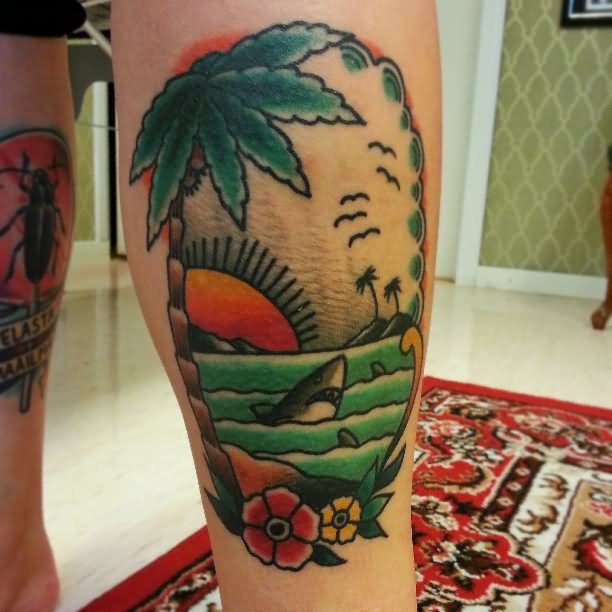 Traditional Palm Tree Tattoo On Leg Calf