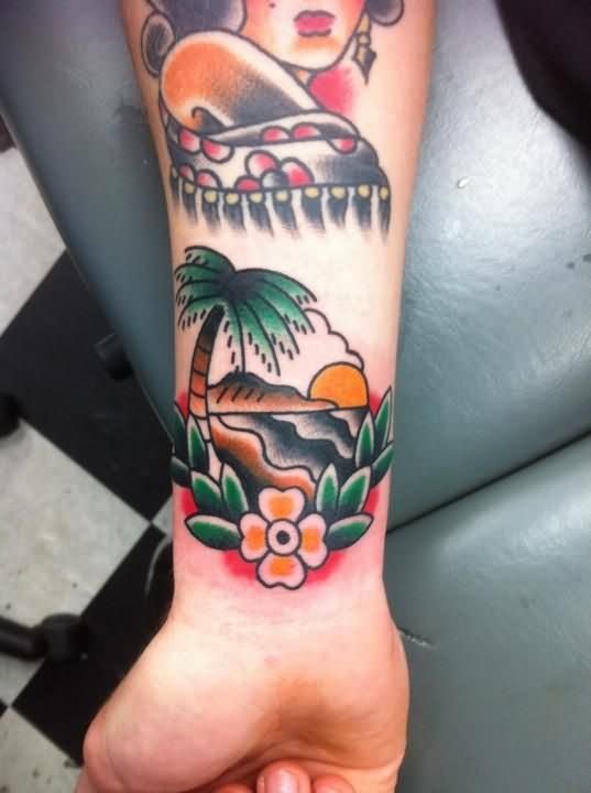 Traditional Palm Tree Tattoo On Right Forearm