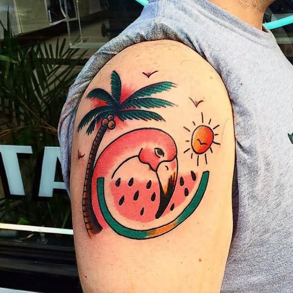 Traditional Palm Tree Tattoo On Right Shoulder