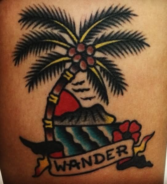 Traditional Palm Tree Tattoo With Wander Banner