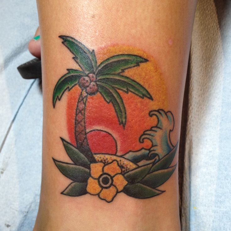 Traditional Sunset Beach Palm Tree Tattoo