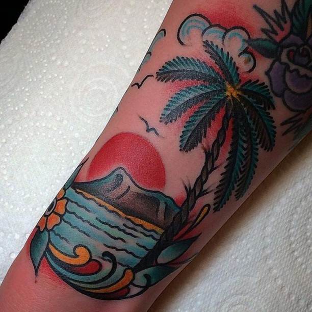 Traditional Sunset Palm Tree Tattoo