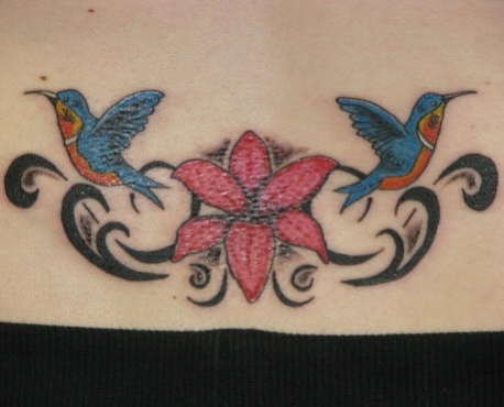Tribal Flower And Colibri Tattoos On Lower Back