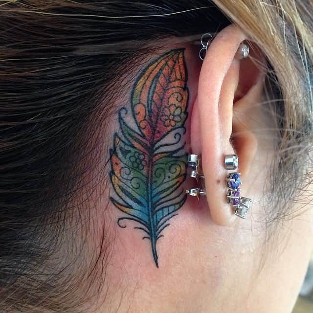 Unique Colorful Feather Tattoo On Right Behind The Ear