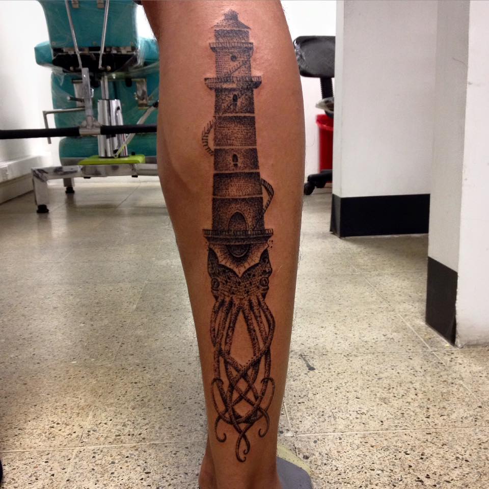 Unique Lighthouse With Roots Tattoo On Leg Calf by Daniel Rozo