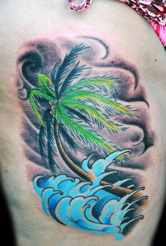 Water Waves And Palm Tree Tattoo