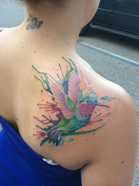 Watercolor Colibri Tattoo On Back Shoulder For Women