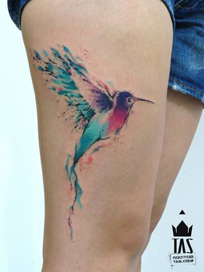 Watercolor Colibri Tattoo On Side Thigh