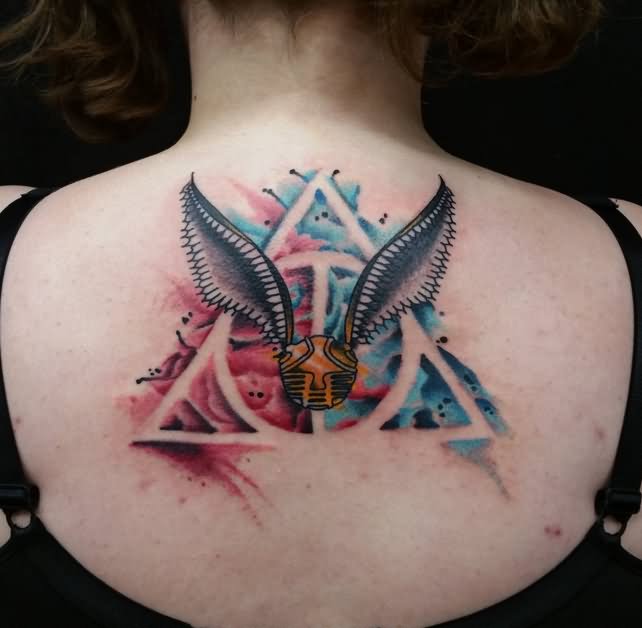 Watercolor Deathly Hallow Symbol With Snitch Tattoo On Upper Back By Craig  Brock