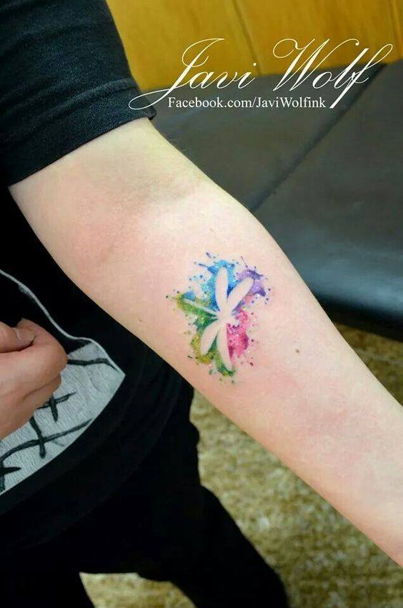 Watercolor Outline Dragonfly Tattoo On Forearm