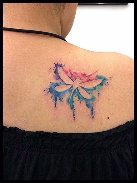Watercolor Outline Dragonfly Tattoo On Right Back Shoulder