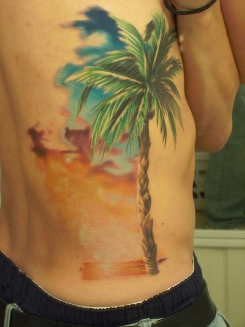 Watercolor Palm Tree Tattoo On Side Rib