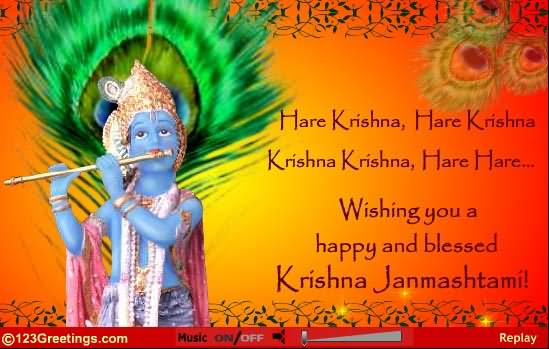 Wishing You A Happy And Blessed Krishna Janmashtami Greeting Card