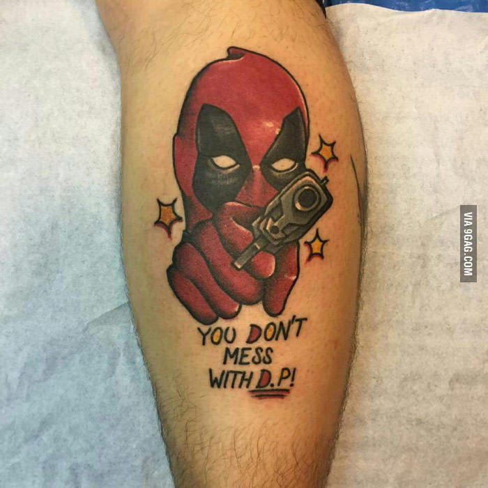 You Don't Mess With D.P. - Deadpool With Gun Tattoo Design For Leg Calf