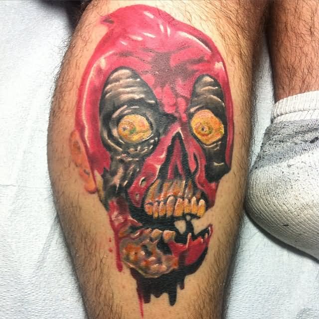 Zombie Deadpool Head Tattoo Design For Leg Calf