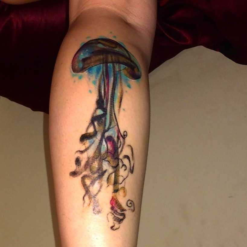 Amazing Color Ink Jellyfish Tattoo On Back Leg