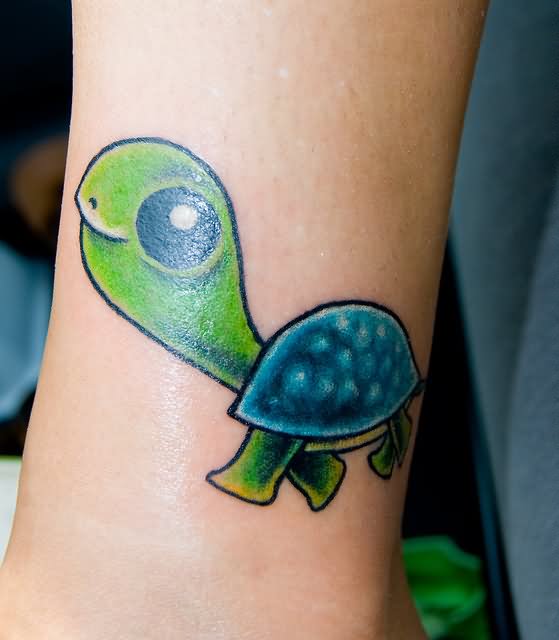 Amazing Colored Baby Turtle Tattoo On Arm