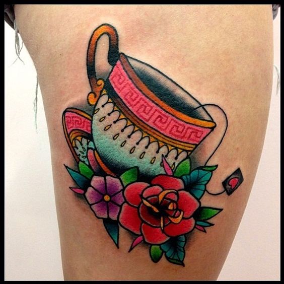Amazing Colored Flowers And Teacup Tattoo