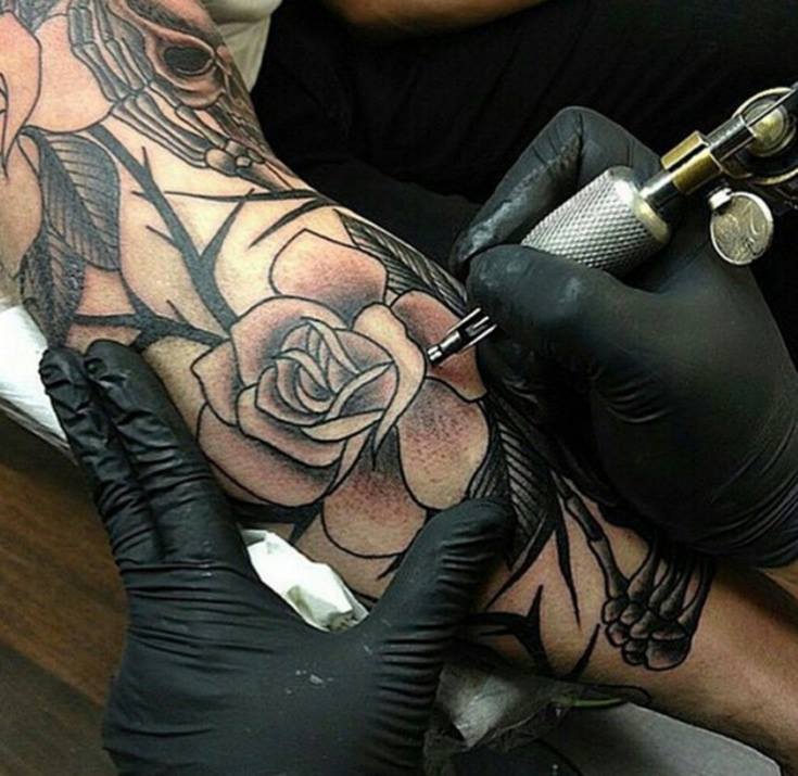 Amazing Grey Ink Rose Tattoo In Process