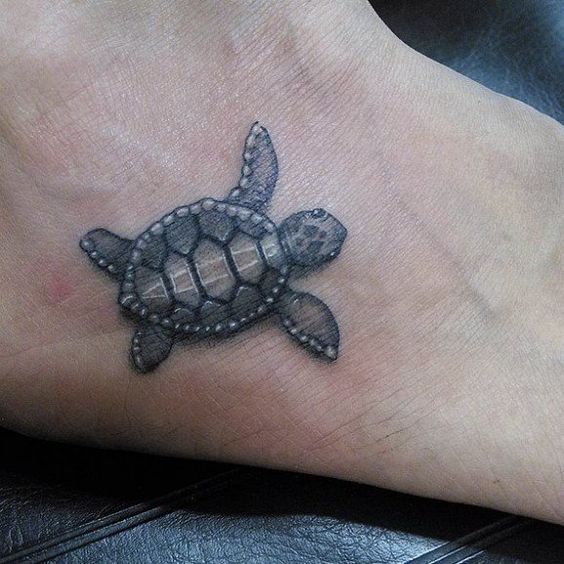 Amazing Grey Ink Turtle Tattoo On Right Foot