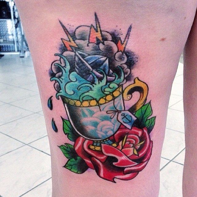 Amazing Red Rose And Teacup Tattoo On Leg