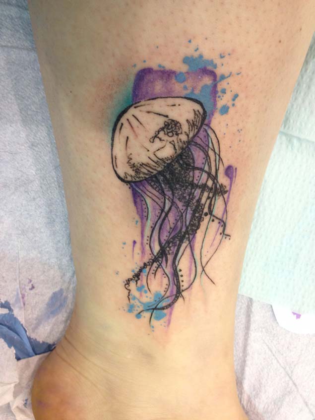 Amazing Watercolor Jellyfish Tattoo On Leg