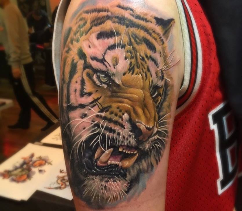 Angry Tiger Tattoo On Right Half Sleeve