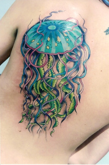 Awesome Colored Jellyfish Tattoo On Left Back Shoulder