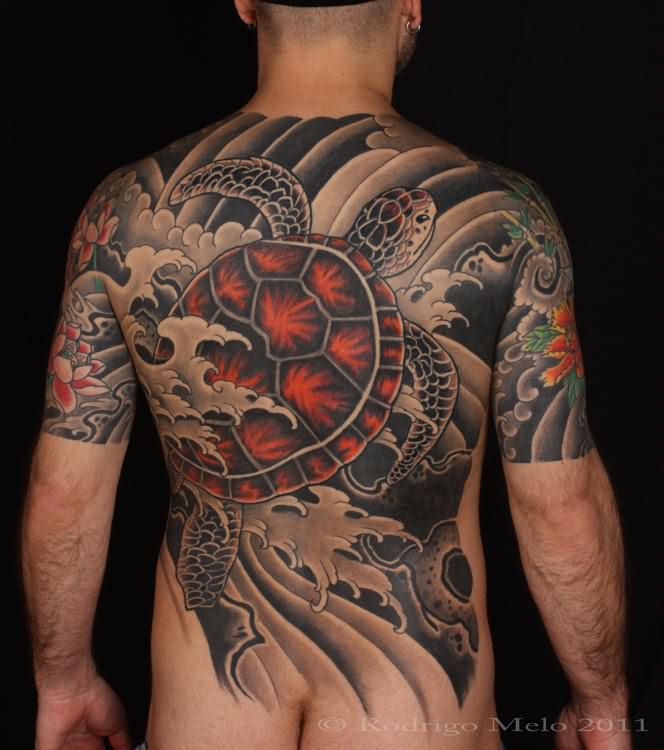 Awesome Colored Turtle Tattoo On Man Full Back