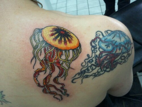Awesome Jellyfish Tattoos On Back Shoulder