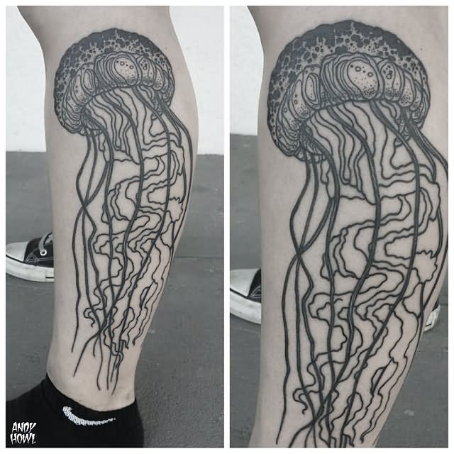 Black And Grey Jellyfish Tattoo On Leg