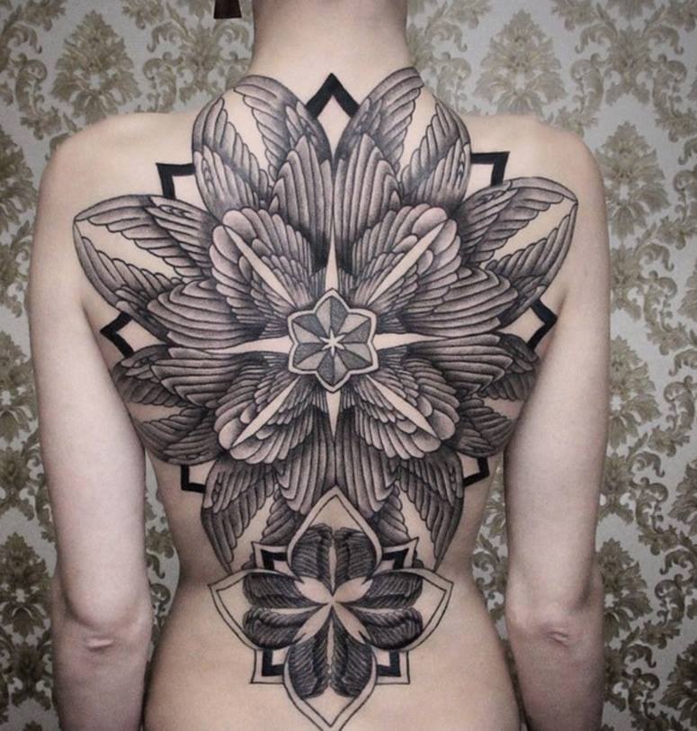 Black And Grey Large Flower Tattoo On Full Back