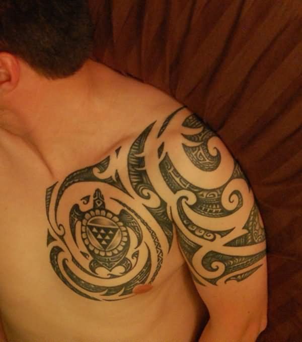 Black And Grey Tribal Turtle Tattoo On Left Front Shoulder