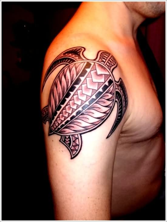 Black And Grey Tribal Turtle Tattoo On Right Shoulder For Men