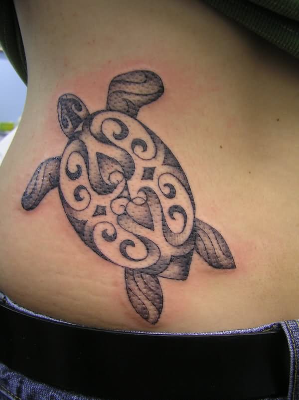 Black And Grey Turtle Tattoo On Side Rib