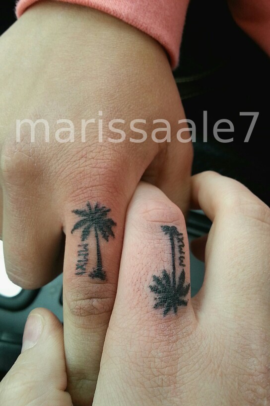 Black Ink Palm Tree Tattoos On Fingers For Couple