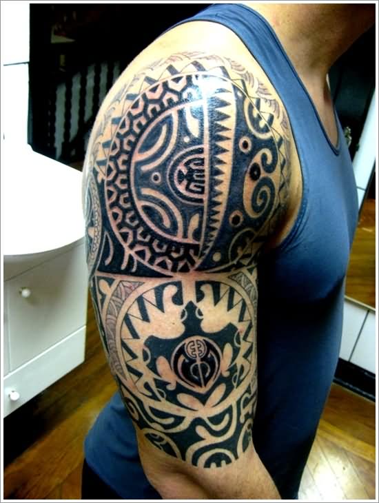 Black Ink Turtle Tattoo On Man Right Half Sleeve