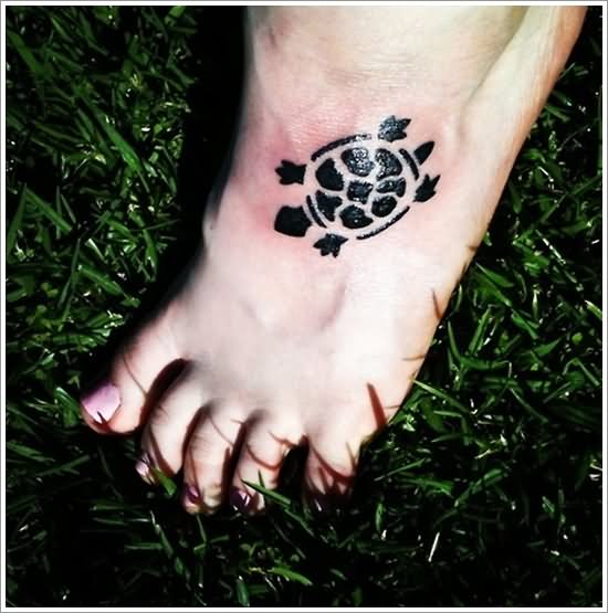 Black Simple Turtle Tattoo On Left Foot