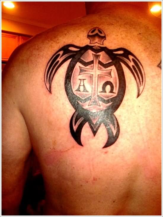 Black Tribal Turtle Tattoo On Back Shoulder For Men