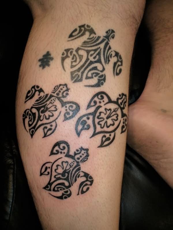Black Tribal Turtle Tattoo On Right Leg