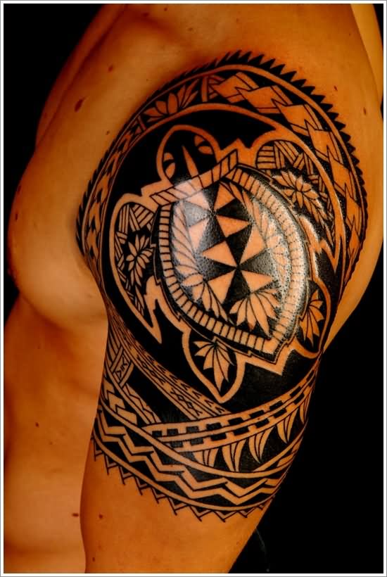 Black Tribal Turtle Tattoo On Shoulder For Men