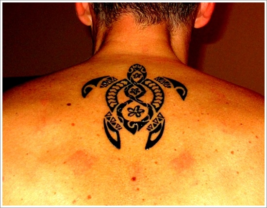 Black Tribal Turtle Tattoo On Upper Back